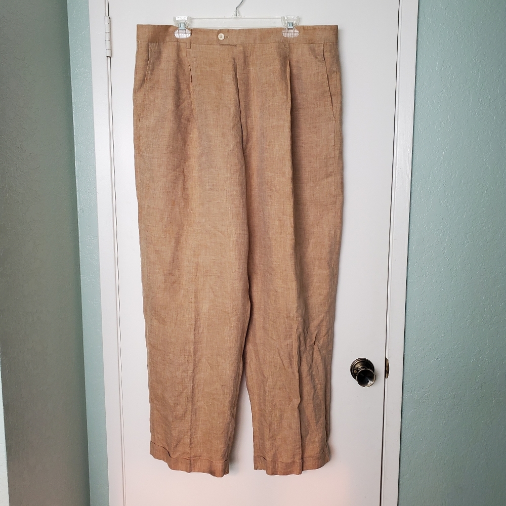 Vtg Inserch Mens Golden Tan Linen Pleated Baggy Pants Sz 40 Cuff Damage Stains